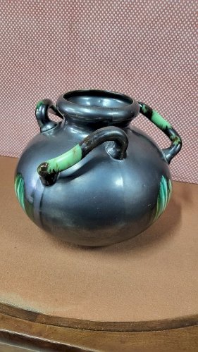 GROS VASE ART DECO NOIR VERT A 3 ANSES