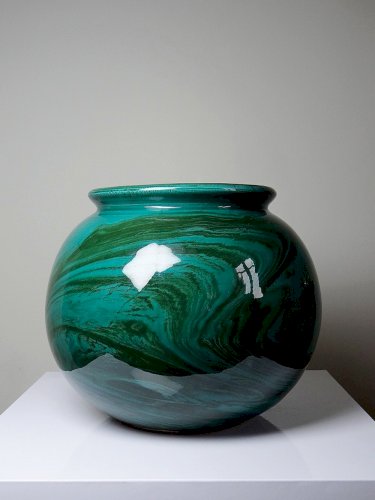 Gros vase boule céramique style art déco, nuance de vert, vintage
