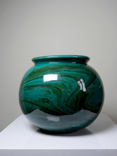 Gros vase boule céramique style art déco, nuance de vert, vintage