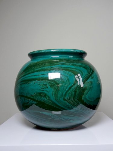 Gros vase boule céramique style art déco, nuance de vert, vintage