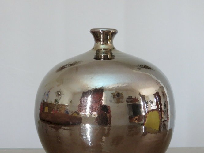 GROS VASE BOULE EN CERAMIQUE IRISEE STYLE RUELLAND ANNEES 60, 70