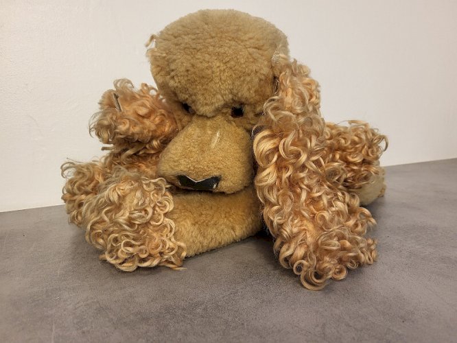 GROSSE PELUCHE ANCIENNE CHIEN COUCHE JOUET ANCIEN