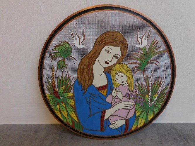 GROSSE PLAQUE EN CUIVRE EMAILLEE DE 27 CM DE DIAMETRE