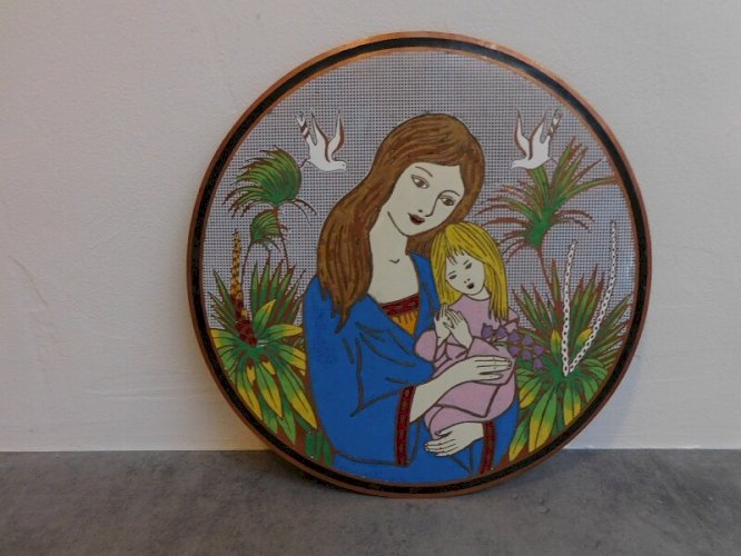 GROSSE PLAQUE EN CUIVRE EMAILLEE DE 27 CM DE DIAMETRE