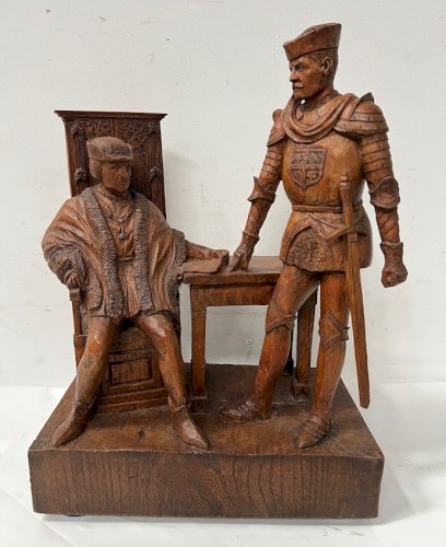 Groupe en bois sculpté a l'efigie de deux notables XX siècle