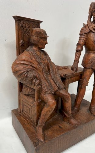 Groupe en bois sculpté a l'efigie de deux notables XX siècle