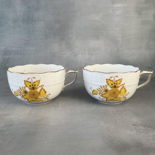 HEREND Hungary 2 tasses à thé décor Apponyi jaune porcelaine hongroise