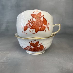 HEREND Hungary tasse à thé et bol décor Apponyi orange porcelaine hongroise