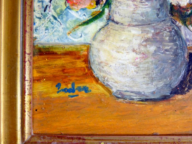HSP nature morte aux anémones, cadre bois doré et sculpté signature