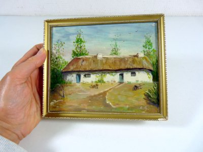 HSP XX° VIEW of a FARM signed R.G. gilded wooden frame and stucco