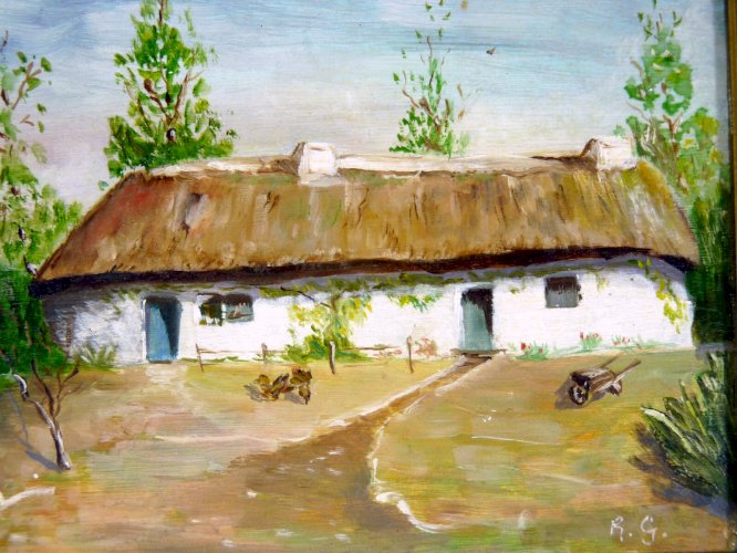 HSP XX° VUE d'une FERME signée R.G. cadre bois doré et stuc