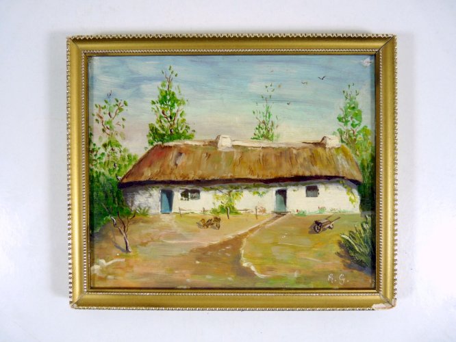 HSP XX° VUE d'une FERME signée R.G. cadre bois doré et stuc