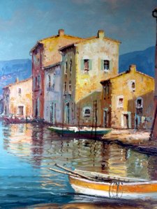 HST early 20th century Lake Como signed Luciani carved wood frame and stucco 95 x 74 cm