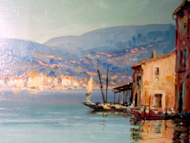 HST début XX° Lac de CÔME signée Luciani cadre bois sculpté et stuc 95 x 74 cm