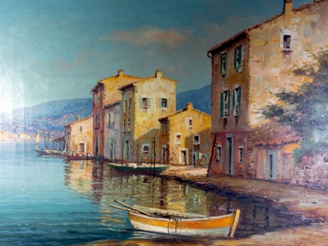 HST début XX° Lac de CÔME signée Luciani cadre bois sculpté et stuc 95 x 74 cm