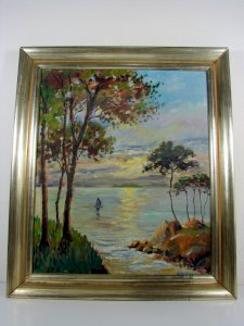 HST French School XX° TWILIGHT BRITTANY Signed Garcey Wood and Stucco Frame