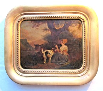 HST non signée Femme, son chien et son âne, cadre doré à la feuille d'or, XIXème