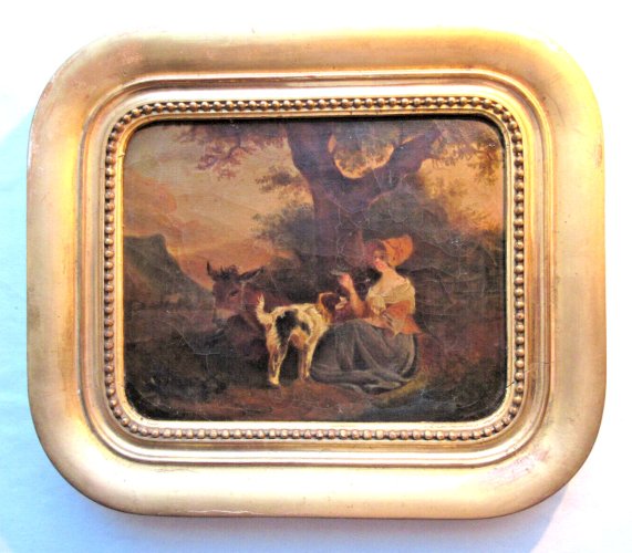 HST non signée Femme, son chien et son âne, cadre doré à la feuille d'or, XIXème