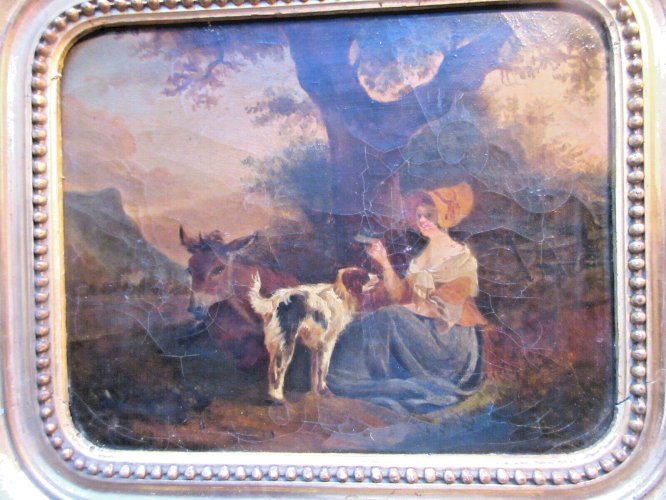 HST non signée Femme, son chien et son âne, cadre doré à la feuille d'or, XIXème
