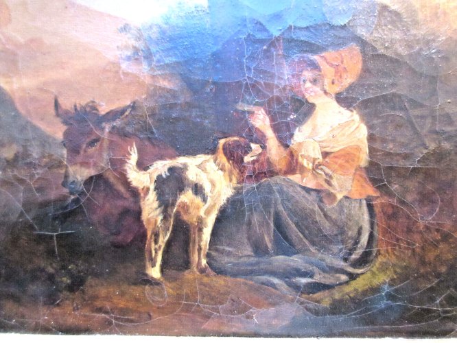 HST non signée Femme, son chien et son âne, cadre doré à la feuille d'or, XIXème