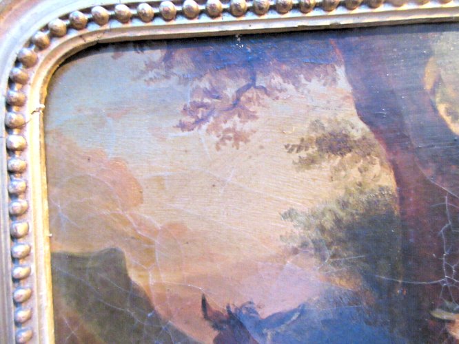 HST non signée Femme, son chien et son âne, cadre doré à la feuille d'or, XIXème