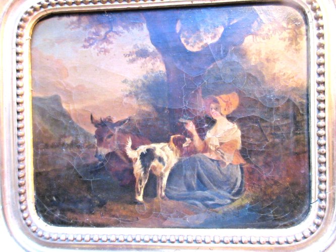 HST non signée Femme, son chien et son âne, cadre doré à la feuille d'or, XIXème