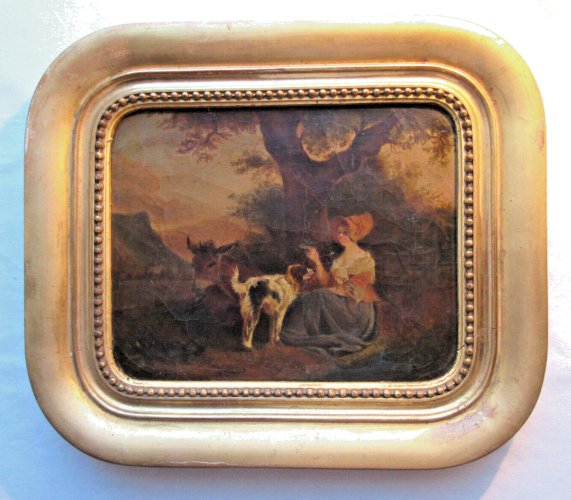 HST non signée Femme, son chien et son âne, cadre doré à la feuille d'or, XIXème