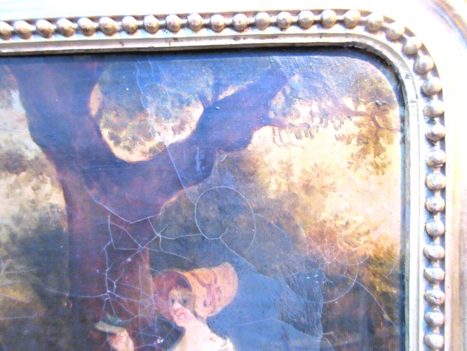 HST non signée Femme, son chien et son âne, cadre doré à la feuille d'or, XIXème