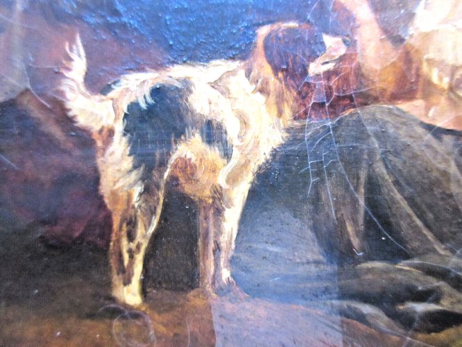 HST non signée Femme, son chien et son âne, cadre doré à la feuille d'or, XIXème