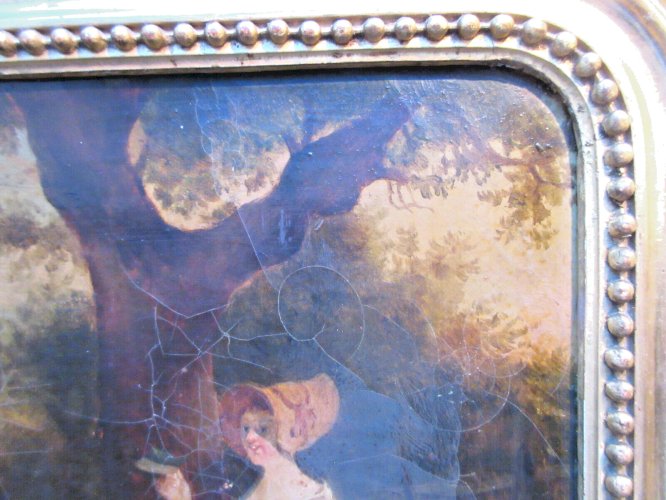 HST non signée Femme, son chien et son âne, cadre doré à la feuille d'or, XIXème