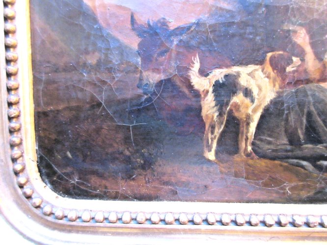 HST non signée Femme, son chien et son âne, cadre doré à la feuille d'or, XIXème