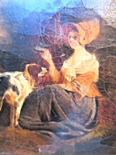 HST non signée Femme, son chien et son âne, cadre doré à la feuille d'or, XIXème