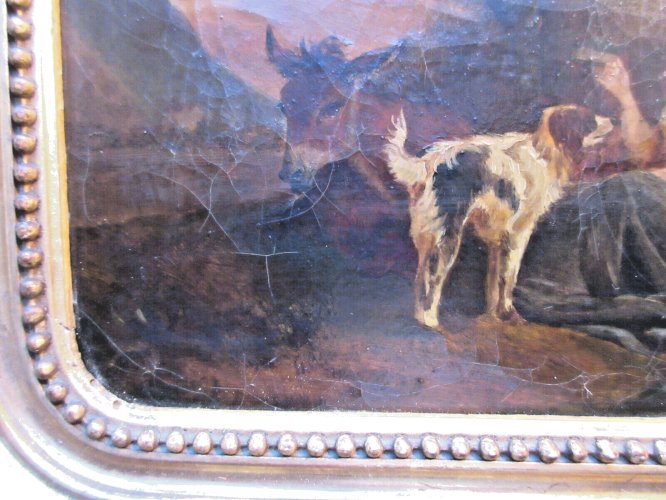 HST non signée Femme, son chien et son âne, cadre doré à la feuille d'or, XIXème