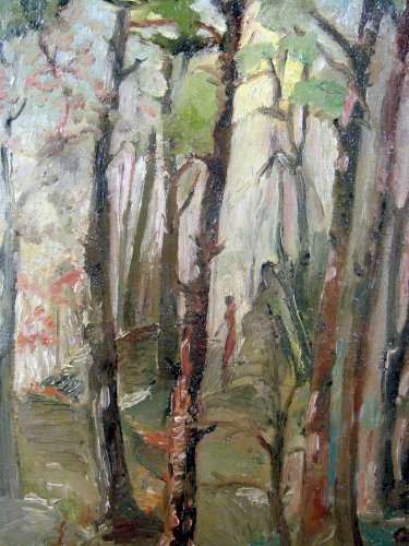 HST SILHOUETTE FEMME DANS LES BOIS Signée Jean Janin Datée 1950 à Barbizon Cadre