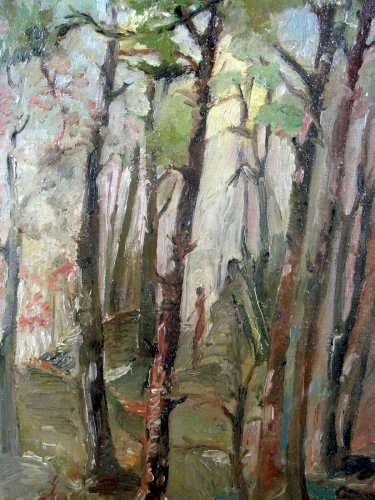 HST SILHOUETTE FEMME DANS LES BOIS Signée Jean Janin Datée 1950 à Barbizon Cadre