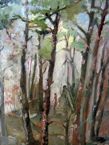 HST SILHOUETTE FEMME DANS LES BOIS Signée Jean Janin Datée 1950 à Barbizon Cadre