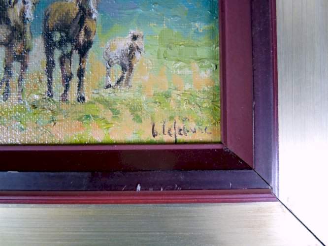 HST TRUPEAU DE CHEVAUX Signée G. Lefebvre cadre bois doré 33 x 24,5 cm