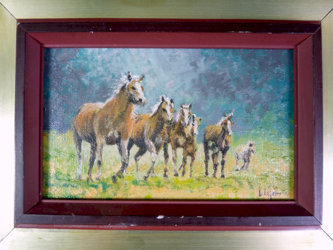 HST TRUPEAU DE CHEVAUX Signée G. Lefebvre cadre bois doré 33 x 24,5 cm