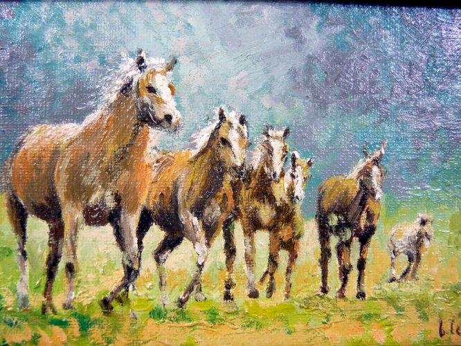 HST TRUPEAU DE CHEVAUX Signée G. Lefebvre cadre bois doré 33 x 24,5 cm