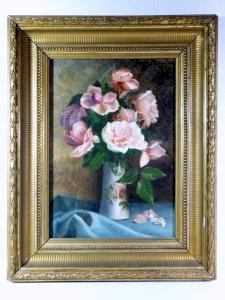 HST XIX STILL LIFE WITH ROSES Aline BOULIAN sculpted wood frame & stucco 63 x 50cm