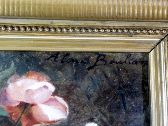 HST XIX NATURE MORTE AUX ROSES Aline BOULIAN cadre bois sculpté & stuc 63 x 50cm