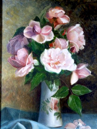 HST XIX NATURE MORTE AUX ROSES Aline BOULIAN cadre bois sculpté & stuc 63 x 50cm