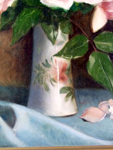 HST XIX NATURE MORTE AUX ROSES Aline BOULIAN cadre bois sculpté & stuc 63 x 50cm