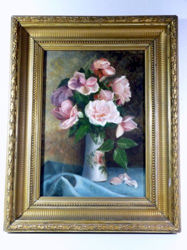 HST XIX NATURE MORTE AUX ROSES Aline BOULIAN cadre bois sculpté & stuc 63 x 50cm