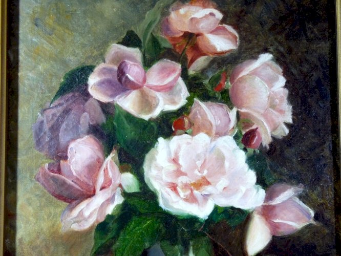 HST XIX NATURE MORTE AUX ROSES Aline BOULIAN cadre bois sculpté & stuc 63 x 50cm