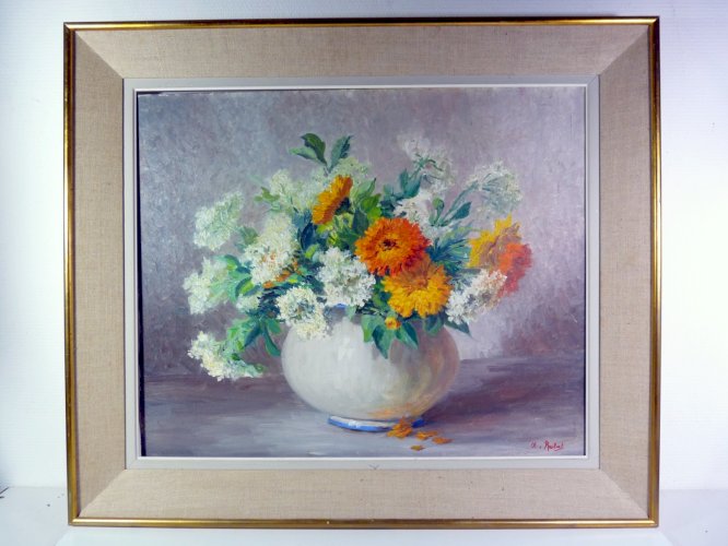 HST XX° NATURE MORTE AU POT DE FLEURS signée Alice Rulat cadre D - 90,5 x 77,5cm