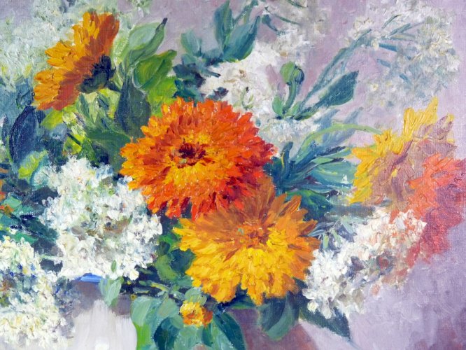 HST XX° NATURE MORTE AU POT DE FLEURS signée Alice Rulat cadre D - 90,5 x 77,5cm