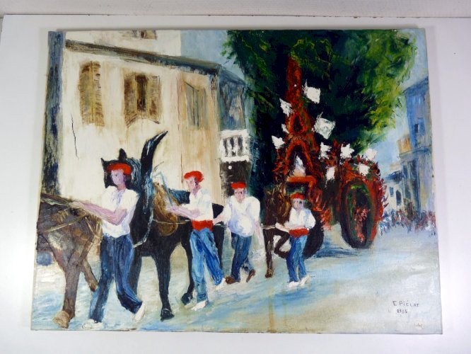 HST XX° Procession Pays Basque par artiste Maria Monclar signée C. PIELAT  1985