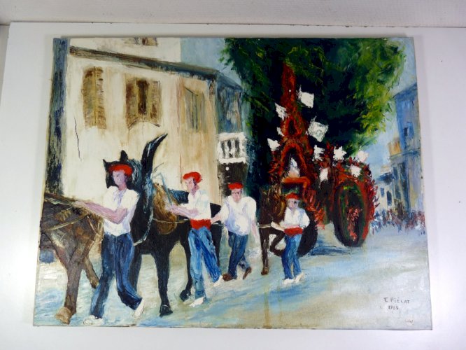 HST XX° Procession Pays Basque par artiste Maria Monclar signée C. PIELAT  1985