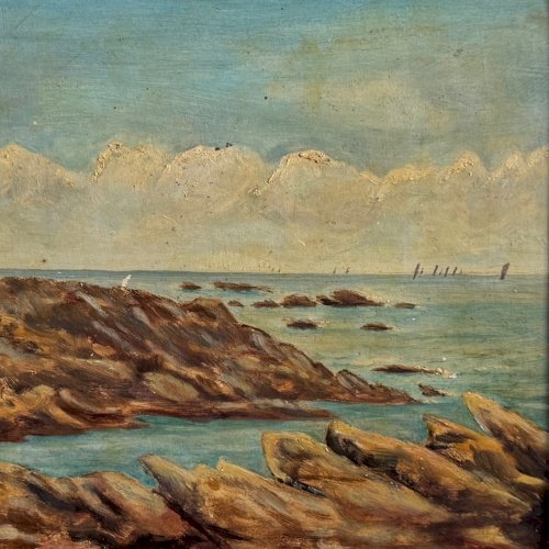 Huile représentant la côte rocheuse de Quiberon 1915 par A. Derémy A5895